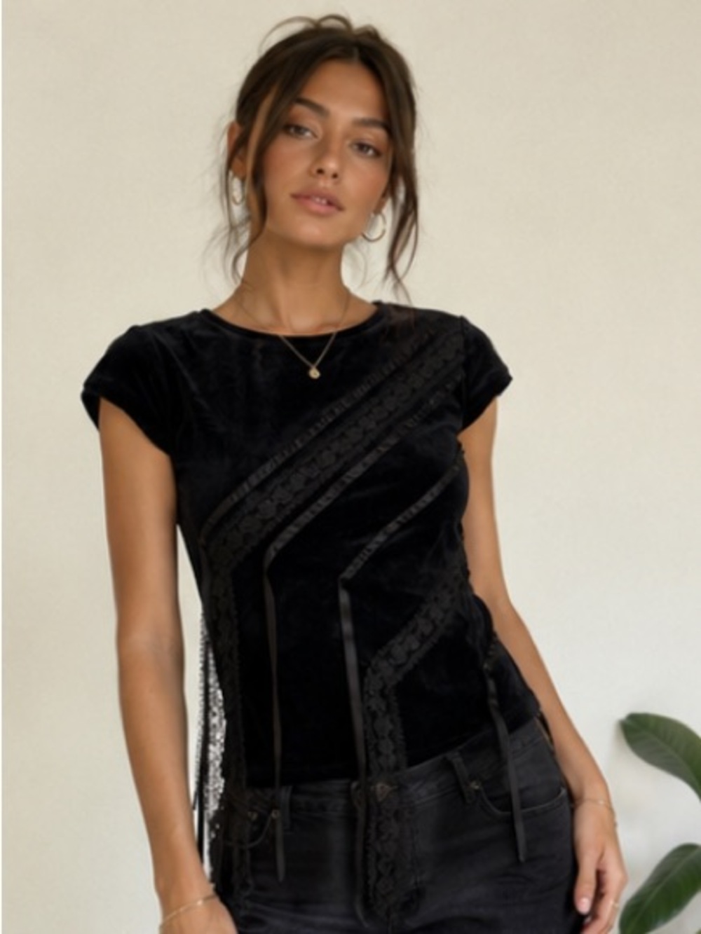 Vintage 90s Gothic Black Lace Velvet Ribbon Y2K Top Fits Size Small - Picture 11 of 11